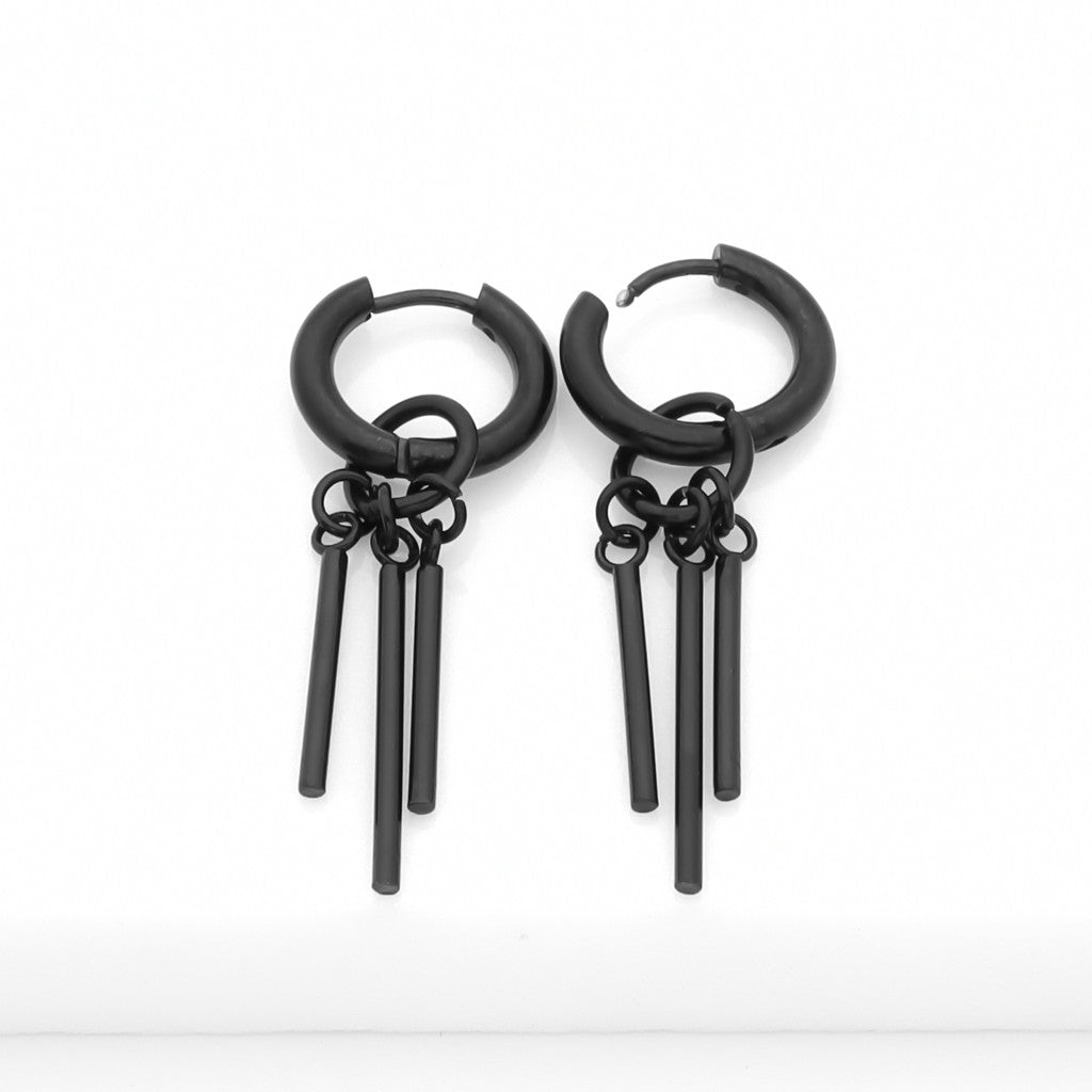 Stainless Steel Huggie Hoop Earrings with Bars Charm - Black-Hoop Earrings-2-Glitters