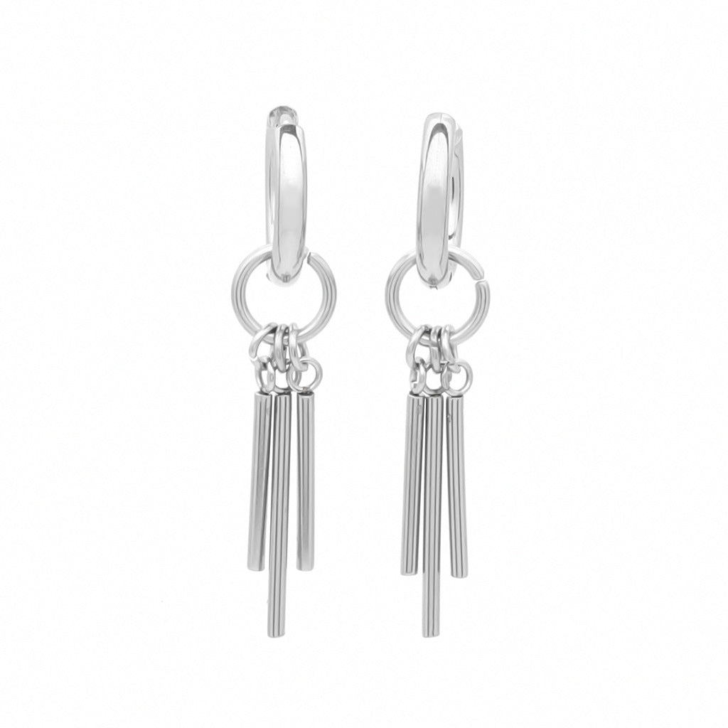 Stainless Steel Huggie Hoop Earrings with Bars Charm - Silver-Hoop Earrings-1-Glitters