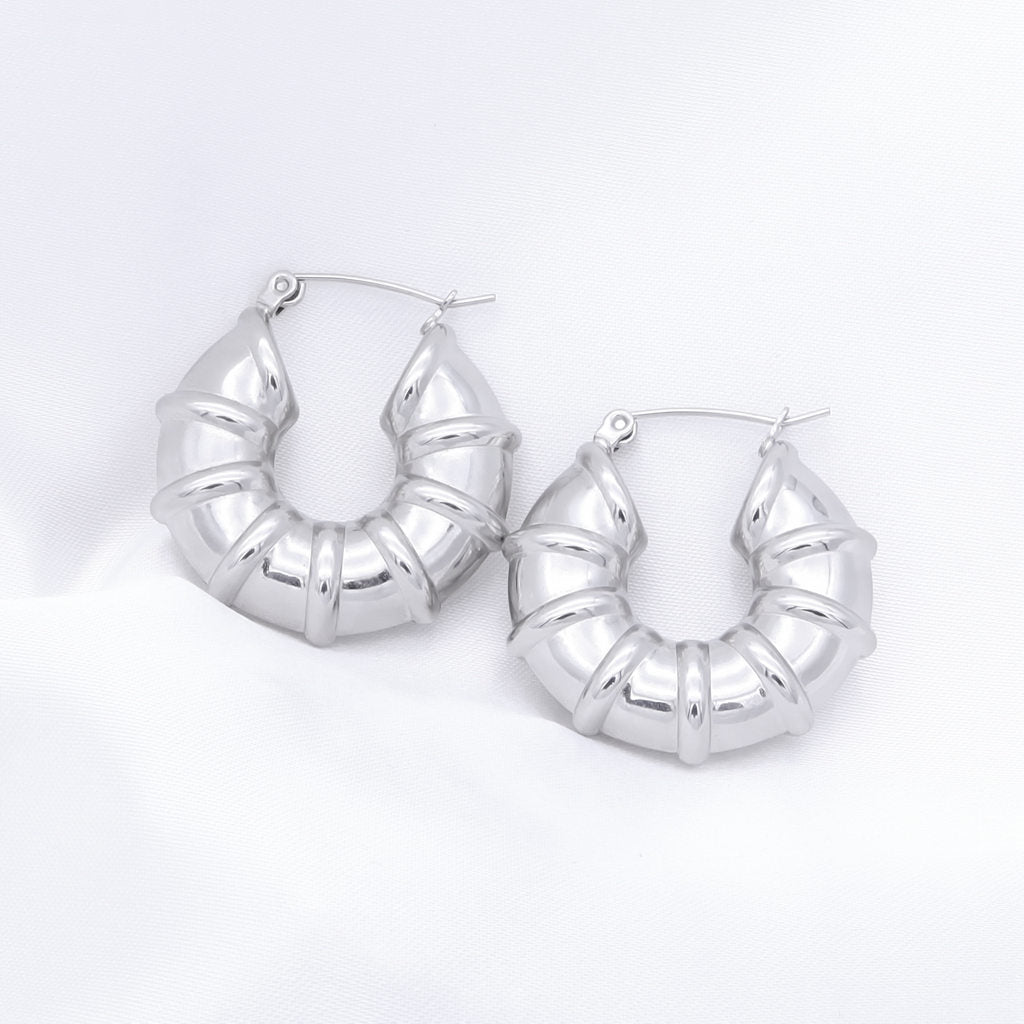 Stainless Steel Bamboo Hoop Earrings - Silver-Earrings-1-Glitters