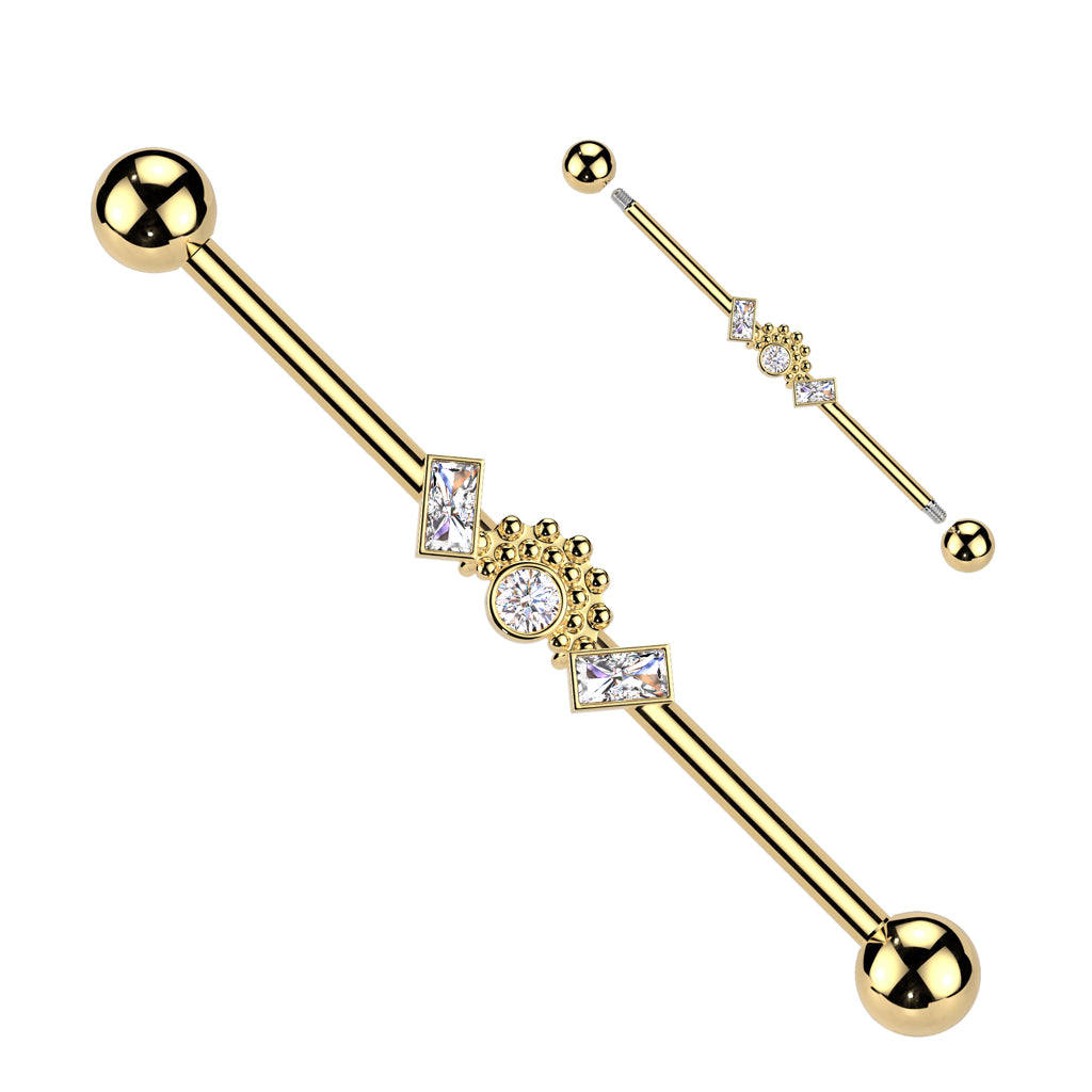 Double Baguette CZ Ends With Round CZ Centre Industrial Barbell - Gold-Industrial Barbells-1-Glitters