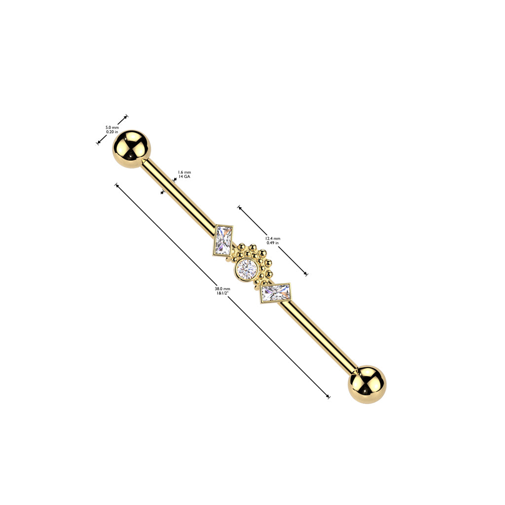 Double Baguette CZ Ends With Round CZ Centre Industrial Barbell - Gold-Industrial Barbells-2-Glitters