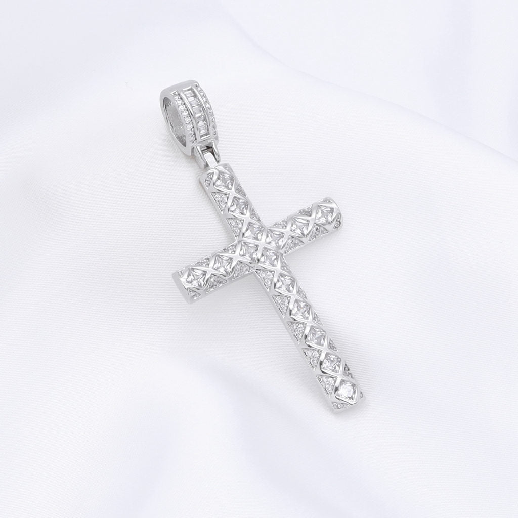 Iced Out Cross Pendant - Silver-Ice Out Pendants-2-Glitters
