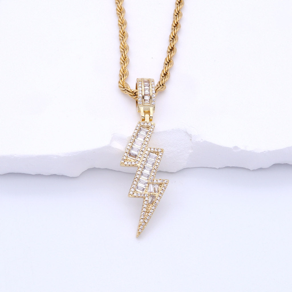 Iced Out Lightning Bolt Pendant - Gold-Ice Out Pendants-2-Glitters