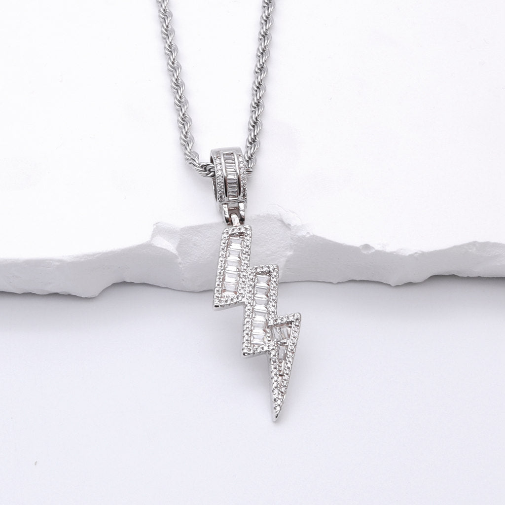 Iced Out Lightning Bolt Pendant - Silver-Ice Out Pendants-2-Glitters