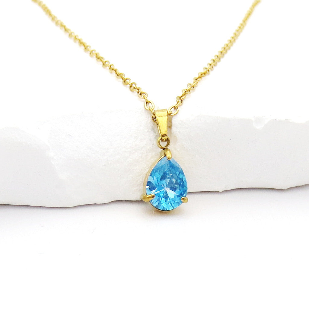 Stainless Steel Pear Cut CZ Teardrop Pendant Necklace - Aqua