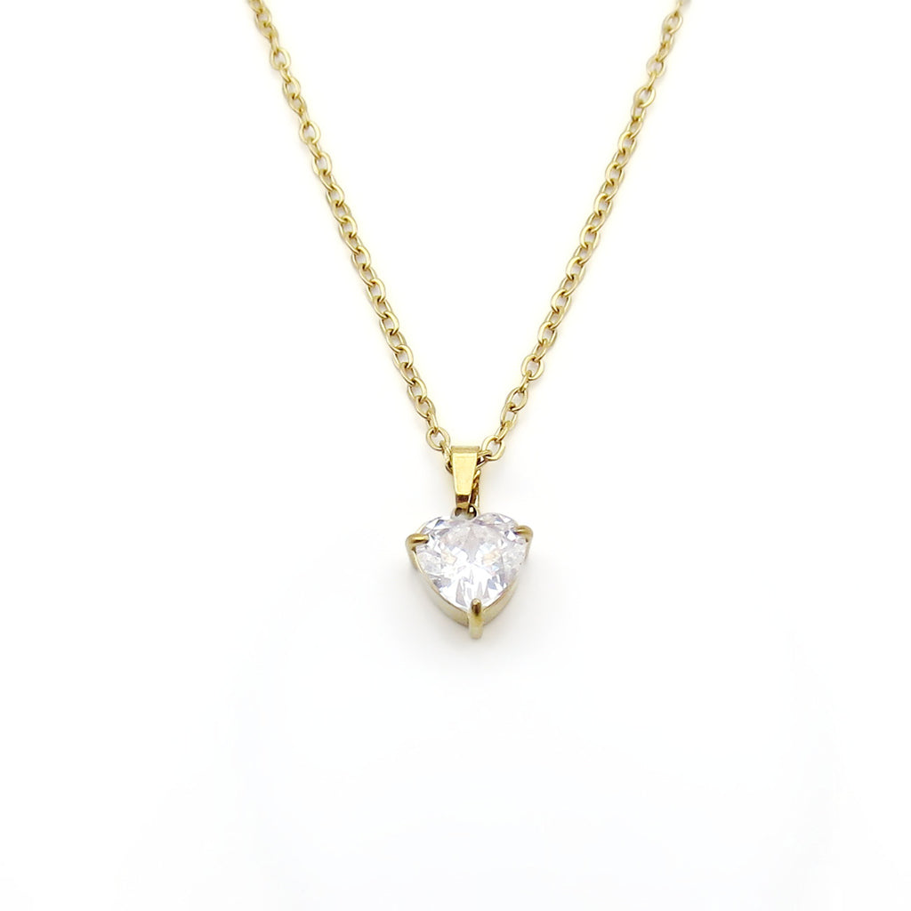 Stainless Steel Heart Cut CZ Pendant Necklace - Clear