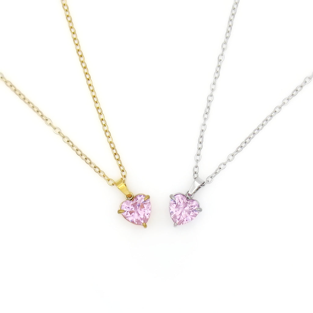Stainless Steel Heart Cut CZ Pendant Necklace - Pink