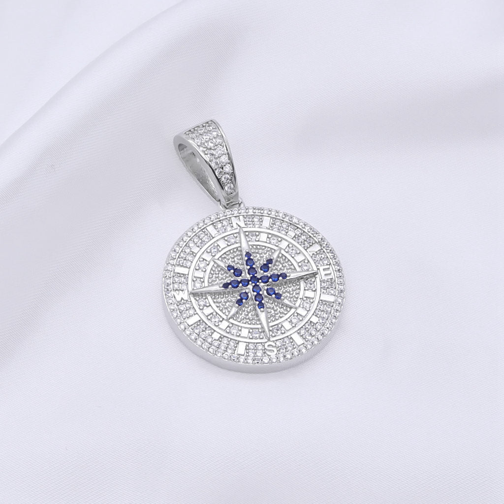 Iced Out Compass Pendant - Silver-Ice Out Pendants-2-Glitters