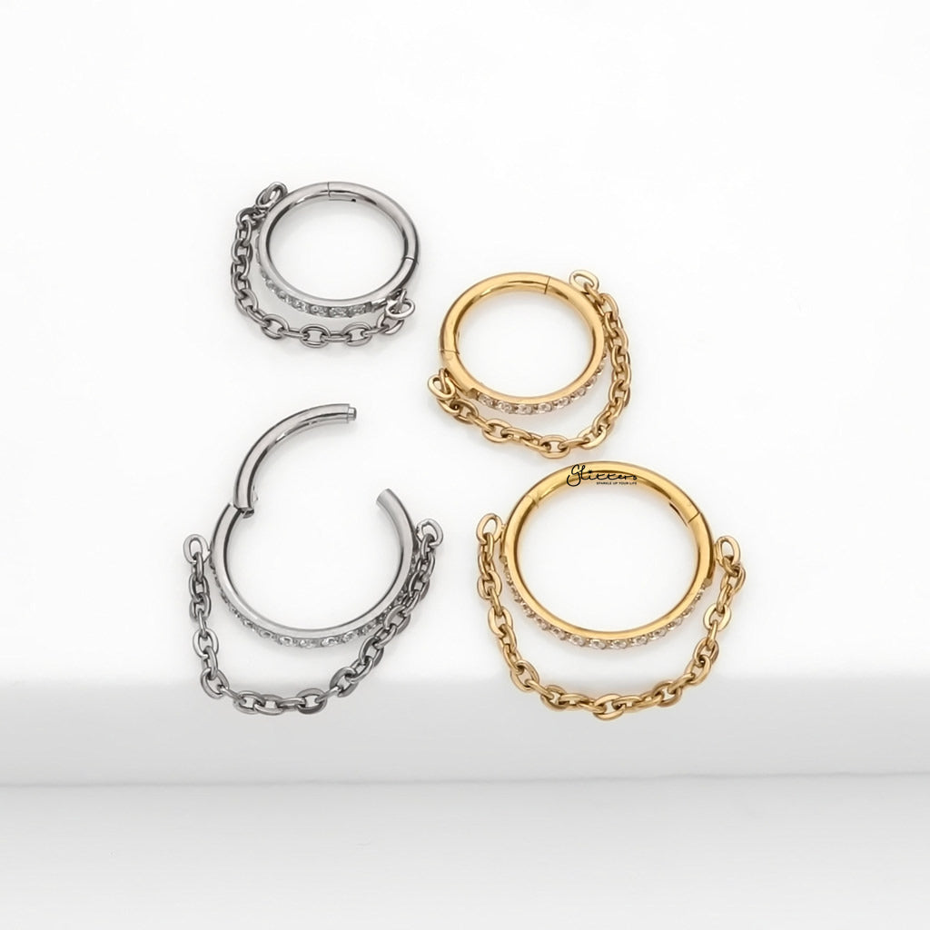 Titanium Outward Facing Pave CZ Hoop with Chain Link - Gold-Septum Rings-2-Glitters