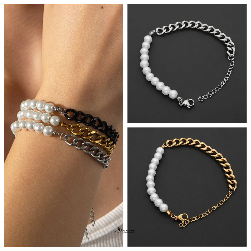 Stainless Steel Bracelet with Pearls Charms - Gold-Stainless Steel Bracelets-2-Glitters