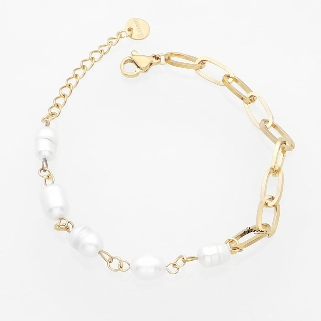 Stainless Steel Freshwater Pearls Bracelet - Gold-Stainless Steel Bracelets-1-Glitters