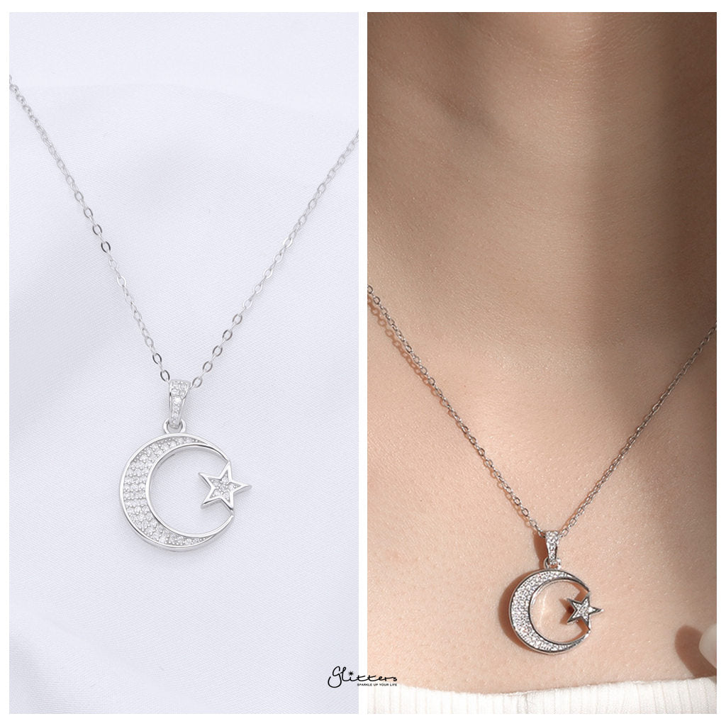 Sterling Silver Crescent and Star Necklace-Sterling Silver Necklaces-2-Glitters