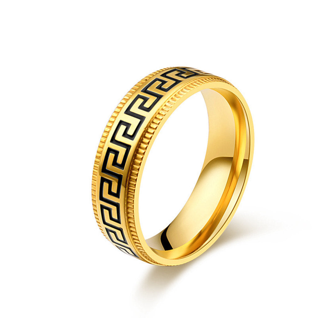 Stainless Steel Greek Key Pattern Band Ring - Gold-Stainless Steel Rings-1-Glitters