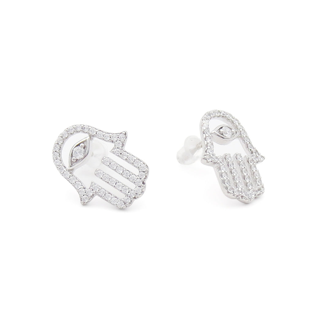 Sterling Silver Hamsa Hand CZ Stud Earrings