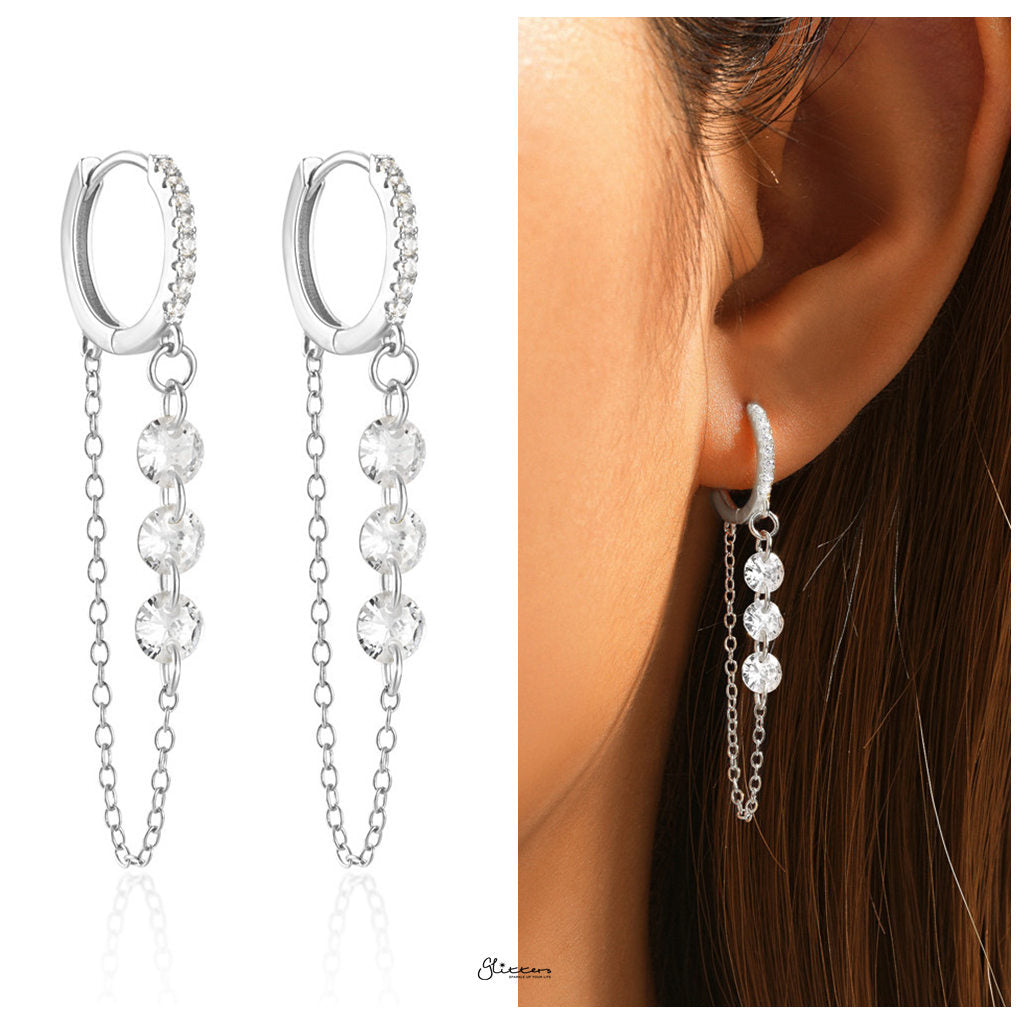 Sterling Silver Hoop Earrings with a Three CZs Chain - Silver-Hoop Earrings-2-Glitters