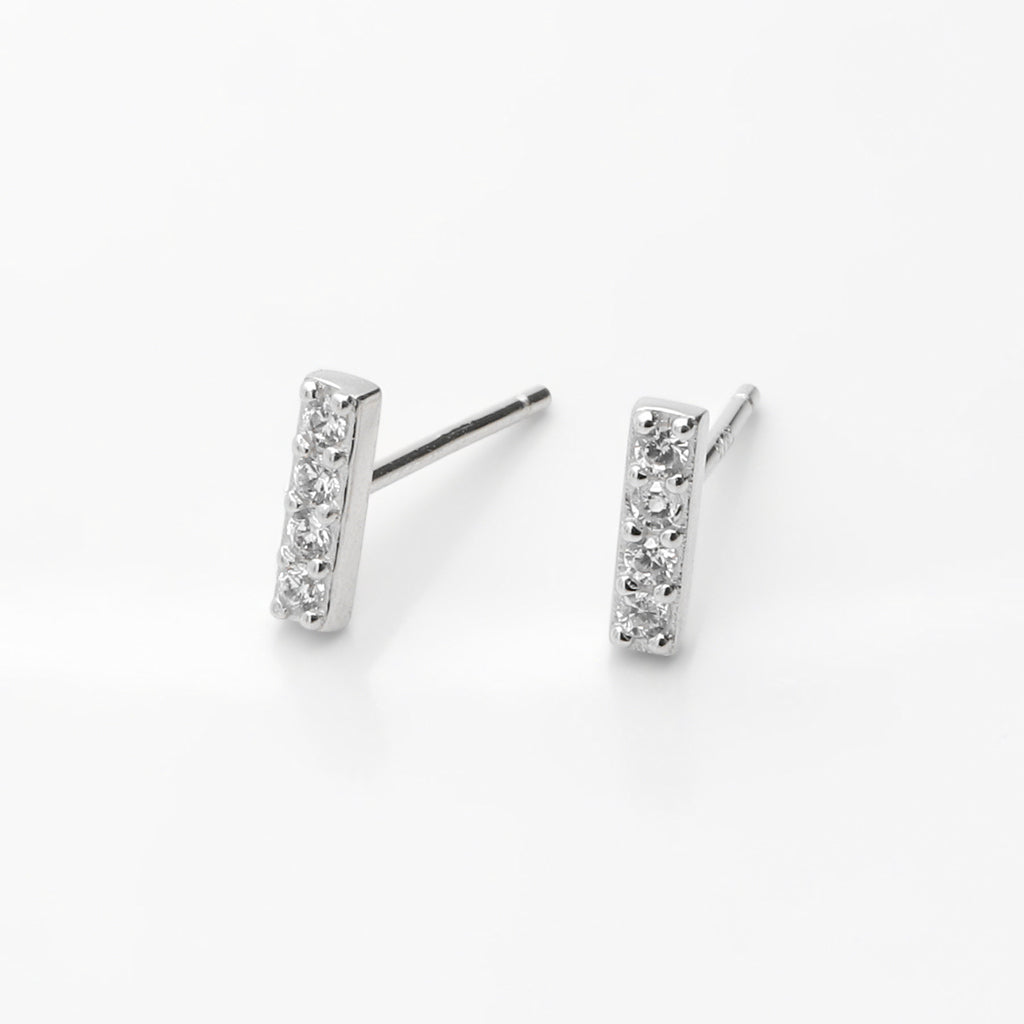 CZ Paved Bar Stud Earrings - Silver-Stud Earrings-1-Glitters