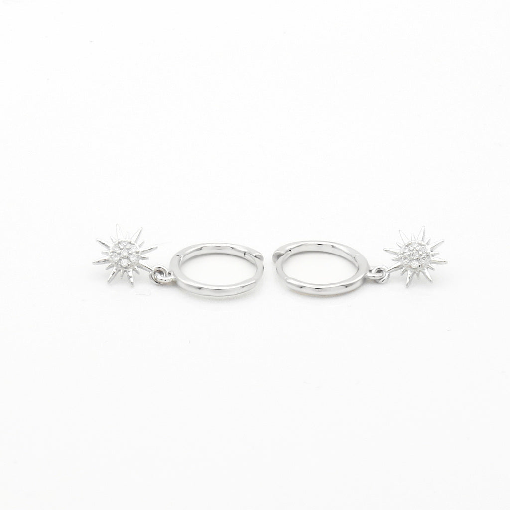 Sterling Silver CZ Sunburst Dangle Hoop Earrings - Silver-Hoop Earrings-1-Glitters