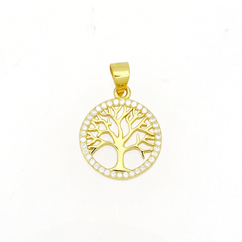 Sterling Silver CZ Pave Tree of Life Circle Pendant