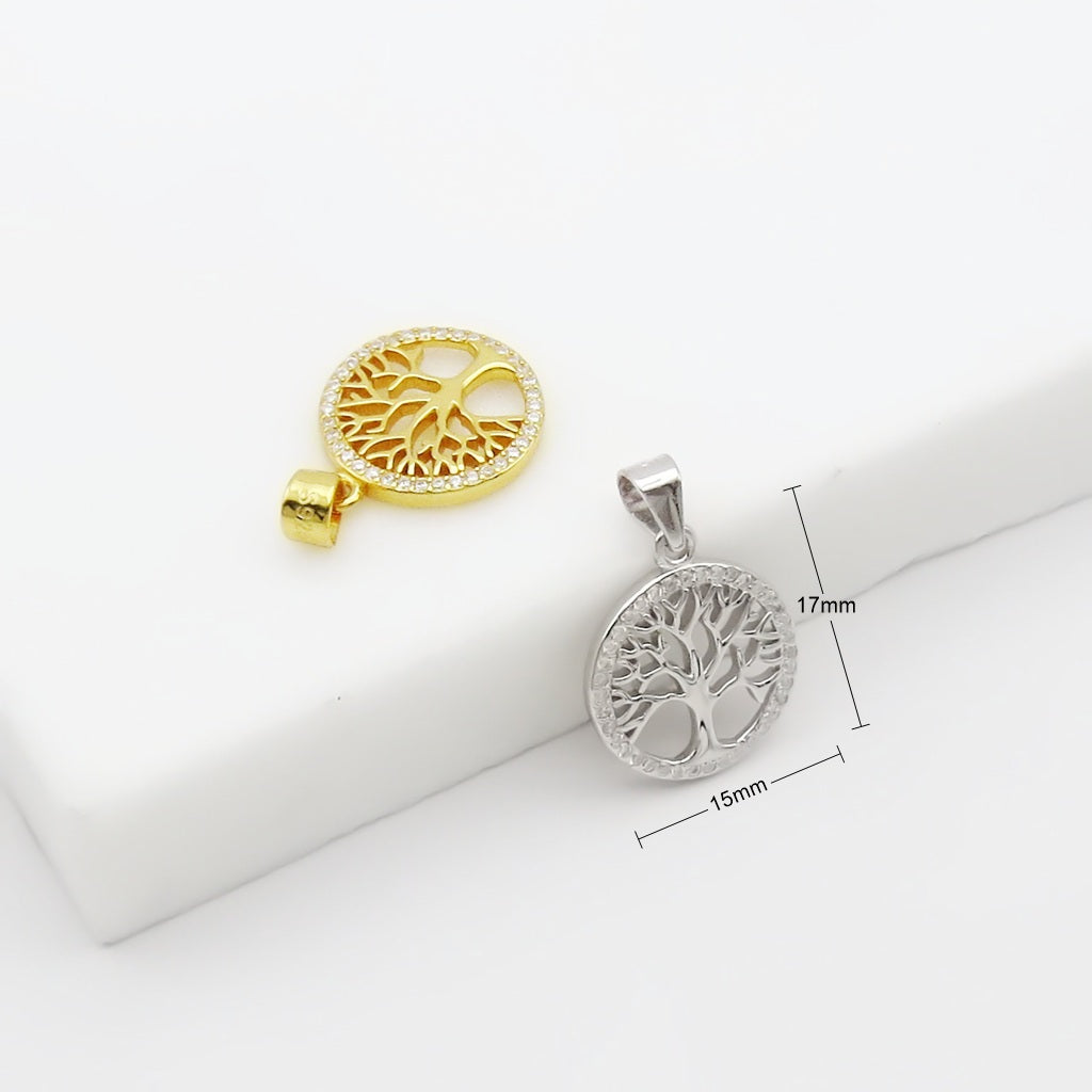 Sterling Silver CZ Pave Tree of Life Circle Pendant