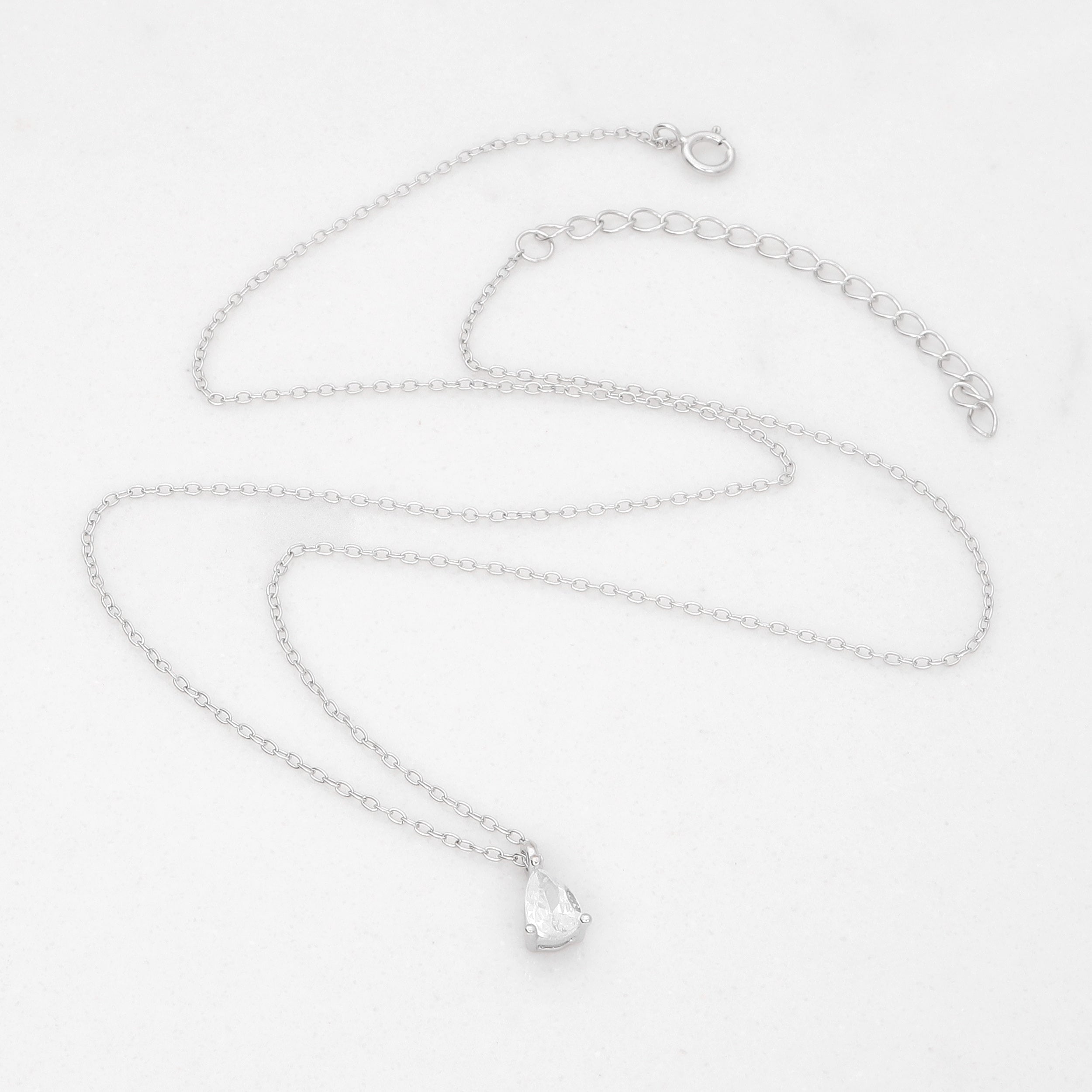Sterling Silver Tear Drop CZ Charm Necklace - Silver-Sterling Silver Necklaces-1-Glitters