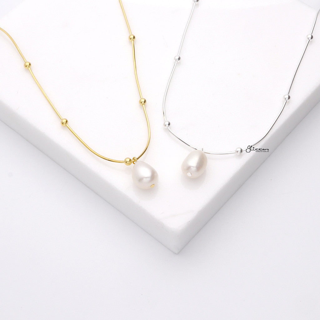 Sterling Silver Baroque Freshwater Pearl Necklace - Gold-Sterling Silver Necklaces-4-Glitters