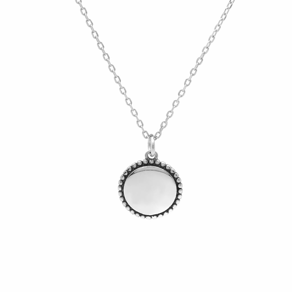 Sterling Silver Beaded Edge Round Disc Pendant Necklace-Sterling Silver Necklaces-1-Glitters