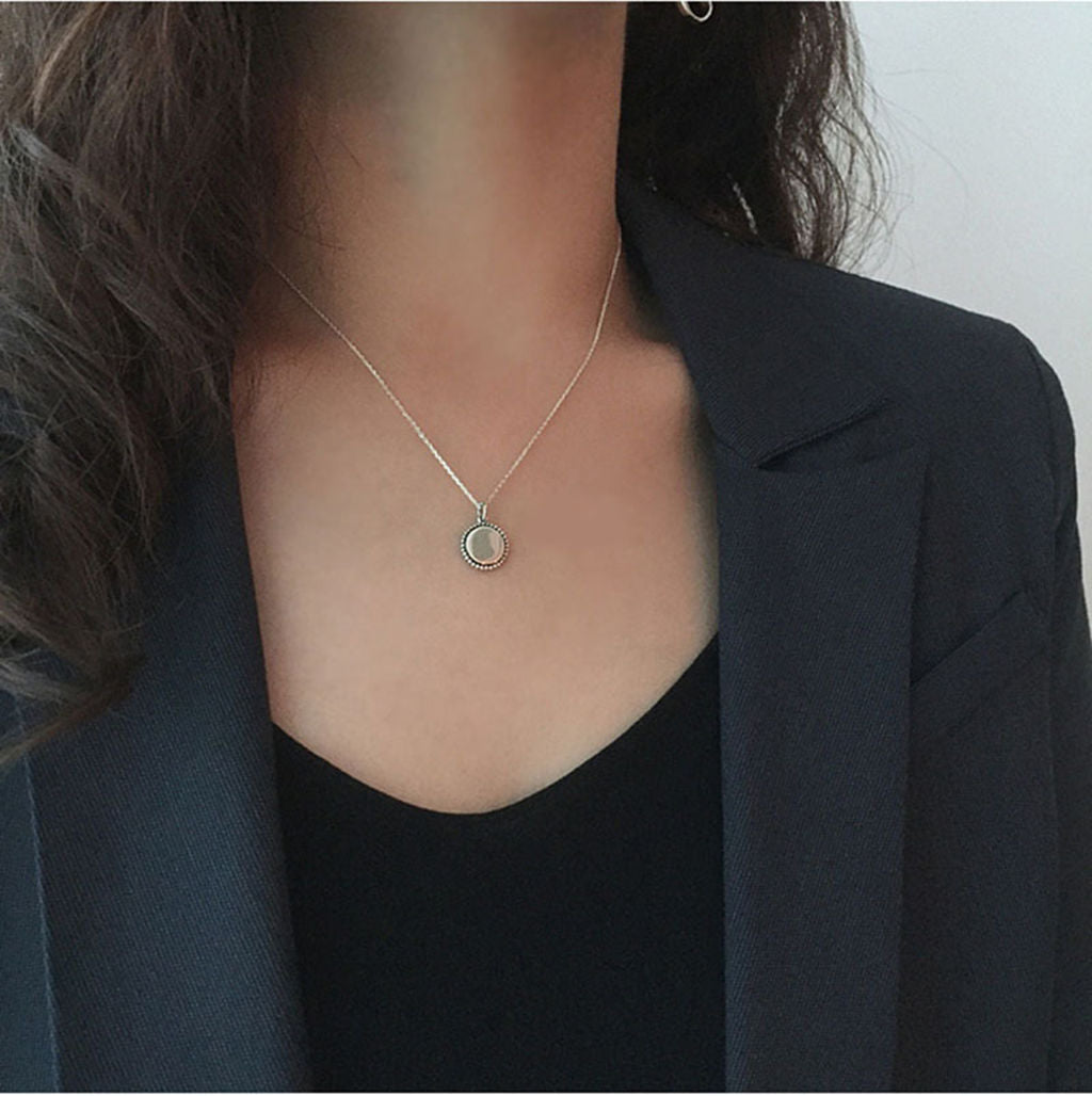 Sterling Silver Beaded Edge Round Disc Pendant Necklace-Sterling Silver Necklaces-2-Glitters