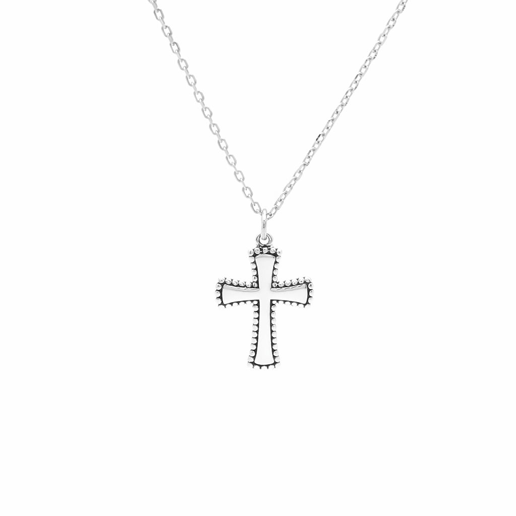 Sterling Silver Beaded Edge Cross Pendant Necklace-Sterling Silver Necklaces-1-Glitters