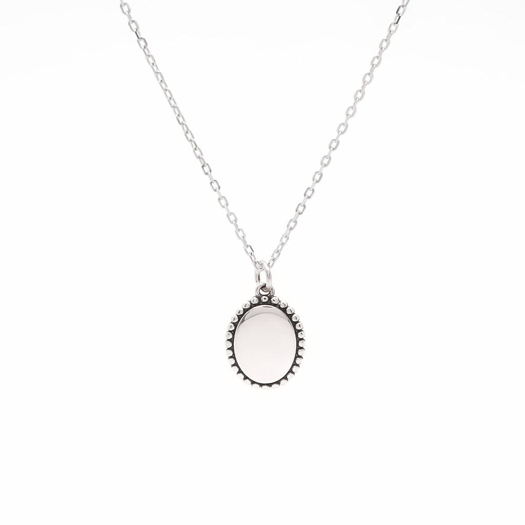 Sterling Silver Beaded Edge Oval Pendant Necklace-Sterling Silver Necklaces-1-Glitters