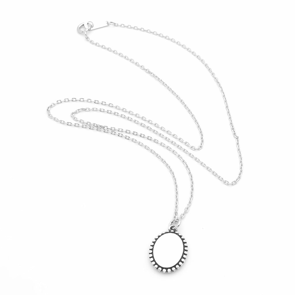 Sterling Silver Beaded Edge Oval Pendant Necklace-Sterling Silver Necklaces-2-Glitters