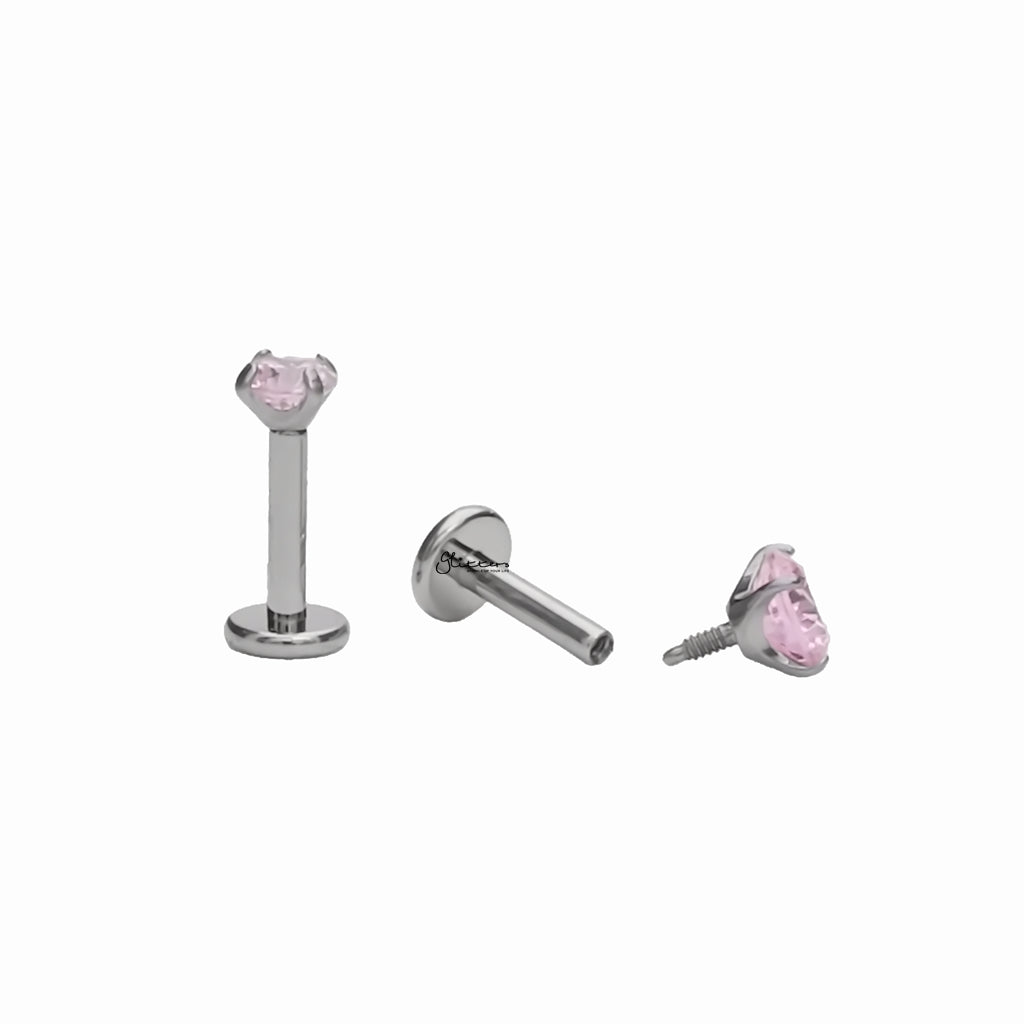 Round CZ Top Internally Threaded Titanium Flat Back Stud Earrings - Pink-Tragus | Cartilage | Daith | Conch-3-Glitters