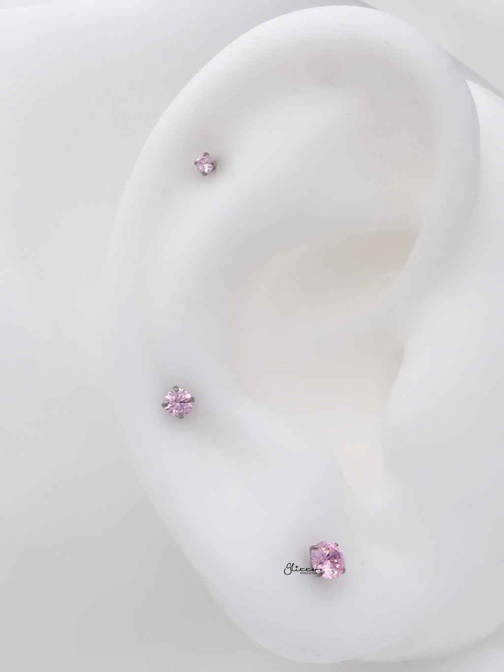 Round CZ Top Internally Threaded Titanium Flat Back Stud Earrings - Pink-Tragus | Cartilage | Daith | Conch-4-Glitters