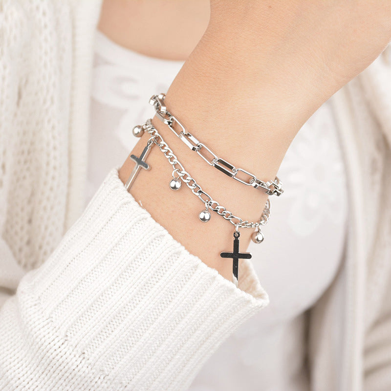 Double Layered Women's Bracelet with Dangle Cross Charms - Gold-Bracelets, Jewellery, Stainless Steel, Stainless Steel Bracelet, Women's Bracelet, Women's Jewellery-4358080834_684385476_d5726465-c344-4bcb-bdbb-972426eee5b8-Glitters