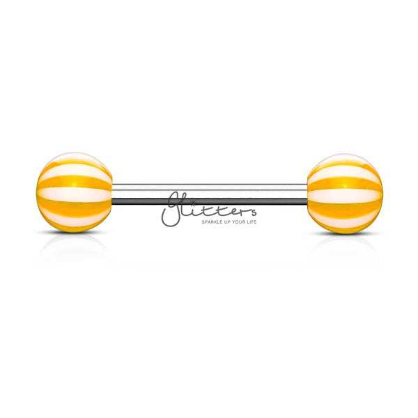 Orange Candy Stripe Acrylic Ball with Surgical Steel Tongue Bar-Body Piercing Jewellery, Tongue Bar-BC-1416-1O1-Glitters