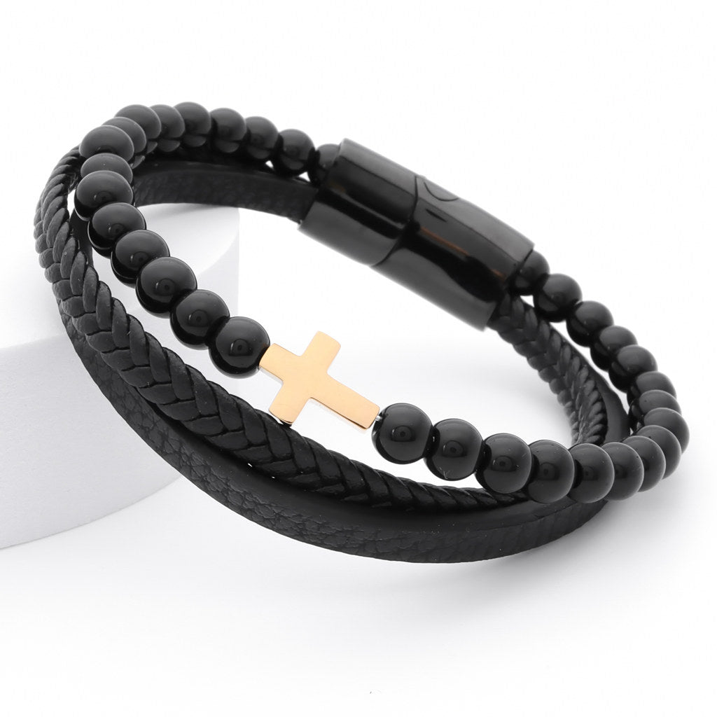 Hematite Beads with Cross Multilayer Leather Bracelet-Bracelets, Jewellery, leather bracelet, Men's Bracelet, Men's Jewellery, New, Stainless Steel-BCL0220-2_1-Glitters
