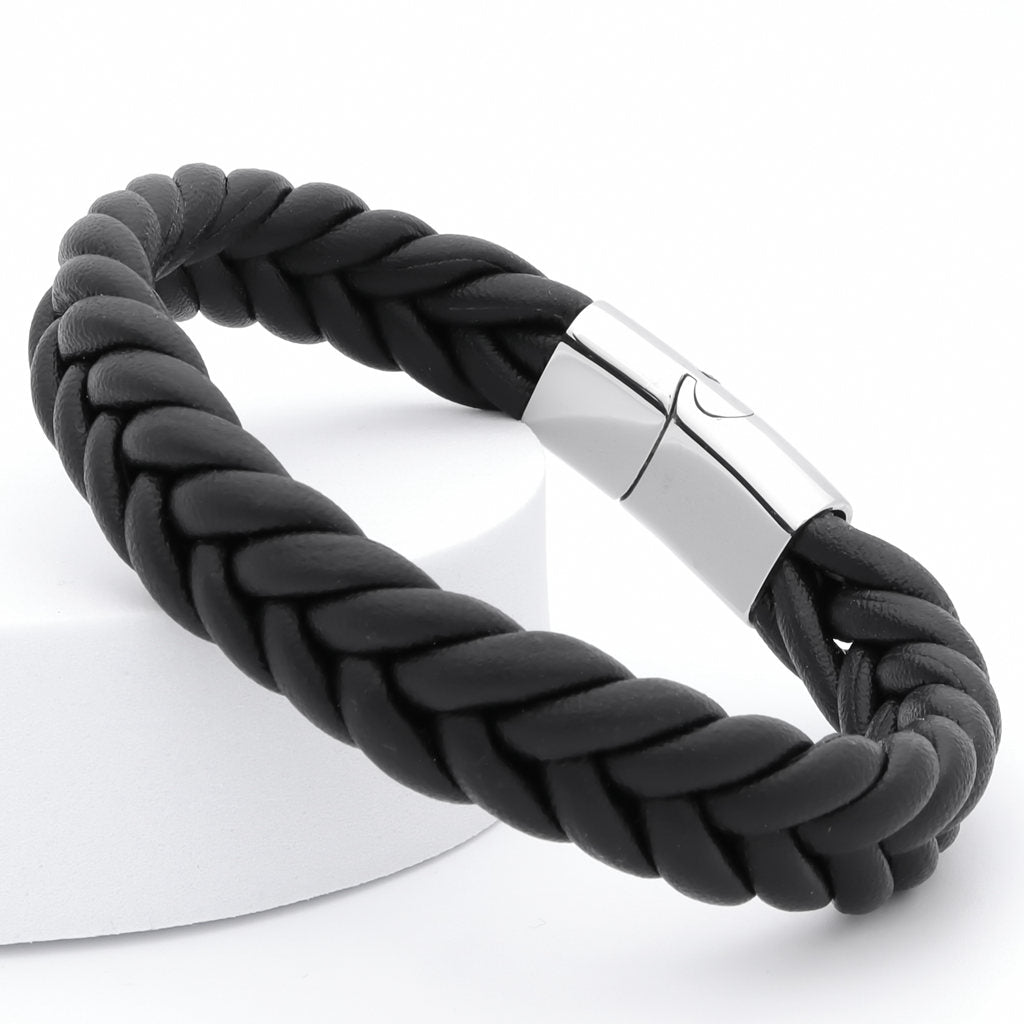 Black Braided One Line Leather Bracelet - 14mm width-Bracelets, Jewellery, leather bracelet, Men's Bracelet, Men's Jewellery, New, Stainless Steel-BCL0225-2_1-Glitters