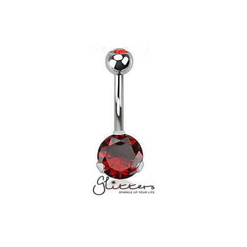 316L Surgical Steel Prong Set Cubic Zirconia Belly Button Ring-Red-Belly Ring, Body Piercing Jewellery, Cubic Zirconia-BJ0223-R-4-Glitters