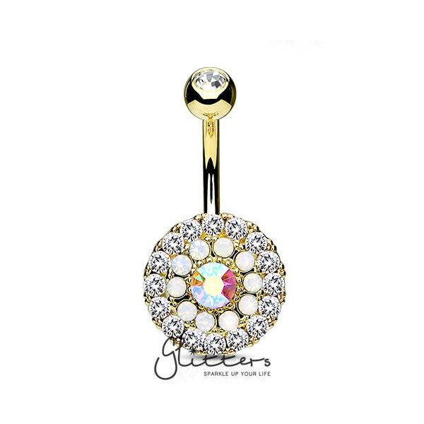 Multi Circle Triple Tiered Crystal and Opalite Surgical Steel Navel Ring-Gold-Belly Ring, Body Piercing Jewellery-BJ0278-G4-Glitters