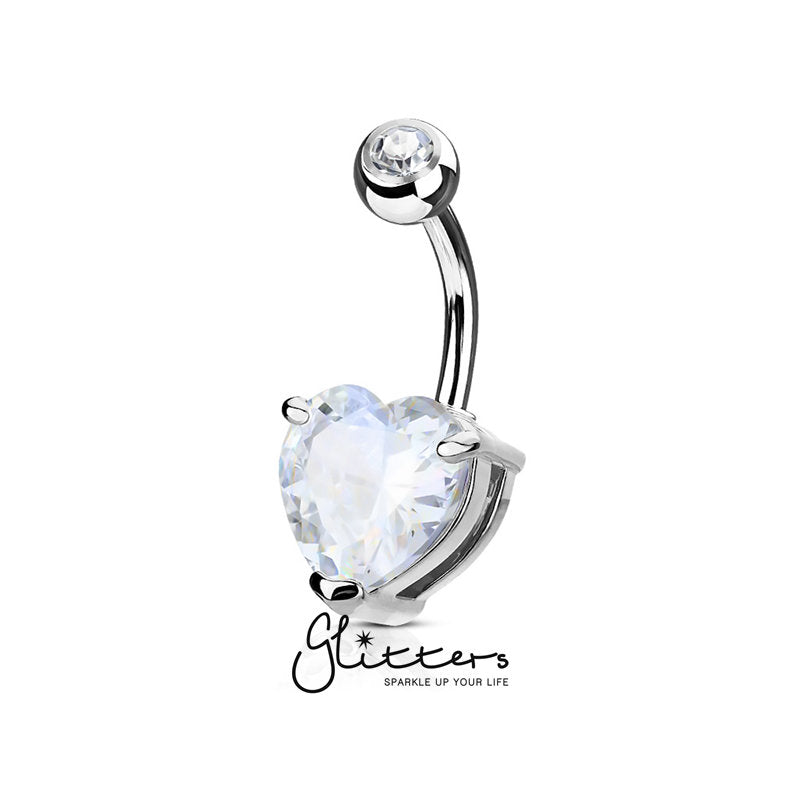 Double Gemmed Solitaire Heart CZ Prong Set Belly Button Ring - Silver-Belly Ring, Body Piercing Jewellery, Cubic Zirconia-BJ02893-Glitters