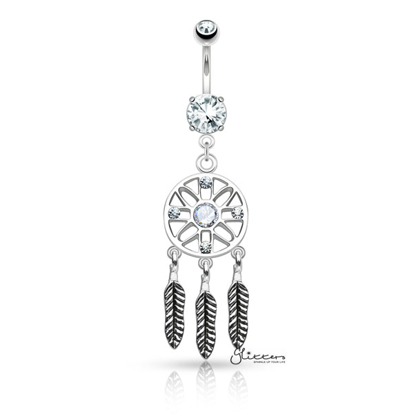 Three Feather Drops Dream Catcher Dangle Belly Button Rings - Clear-Belly Ring, Body Piercing Jewellery, Crystal, Cubic Zirconia-BJ0300-C-Glitters