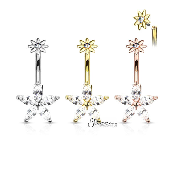 316L Surgical Steel 5 Marquise CZ Petals Flower Belly Button Navel Rings with Internally Threaded CZ Center Small Flower Top-Belly Ring, Body Piercing Jewellery-BJ0307-01-Glitters