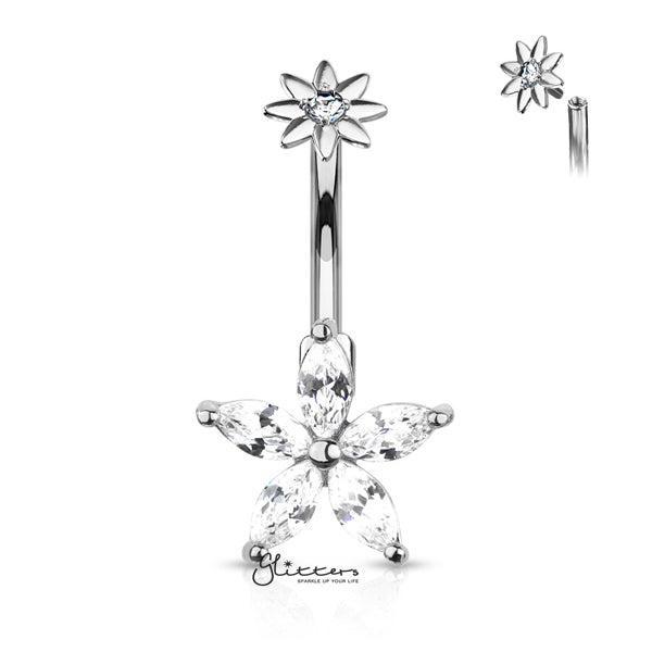 316L Surgical Steel 5 Marquise CZ Petals Flower Belly Button Navel Rings with Internally Threaded CZ Center Small Flower Top-Belly Ring, Body Piercing Jewellery-BJ0307-C-Glitters