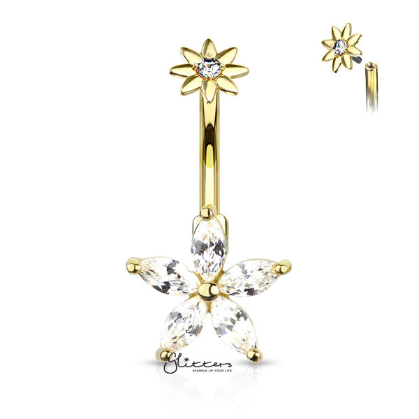 316L Surgical Steel 5 Marquise CZ Petals Flower Belly Button Navel Rings with Internally Threaded CZ Center Small Flower Top-Belly Ring, Body Piercing Jewellery-BJ0307-G-Glitters