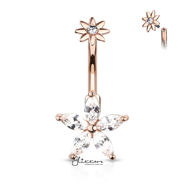 316L Surgical Steel 5 Marquise CZ Petals Flower Belly Button Navel Rings with Internally Threaded CZ Center Small Flower Top-Belly Ring, Body Piercing Jewellery-BJ0307-RG-Glitters