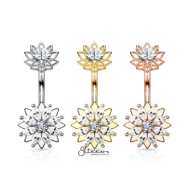 316L Surgical Steel Marquise CZ Flower Belly Button Navel Rings with Internally Threaded CZ Center Flower Top-Belly Ring, Body Piercing Jewellery-BJ0308-01-Glitters