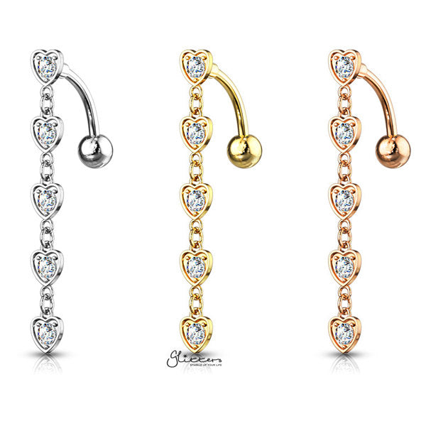 Five Crystal Set Center Hearts Vertical Drop Belly Button Navel Rings-Belly Ring, Body Piercing Jewellery, Crystal-BJ0316-ALL-Glitters
