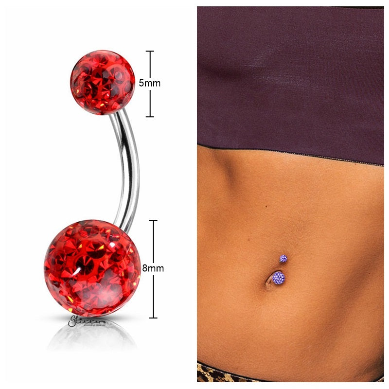 Internally Threaded Belly Button Ring with Epoxy Covered Crystal Paved Balls - Red-Belly Ring, Body Piercing Jewellery, Cubic Zirconia-BJ0320-R_2_New-Glitters