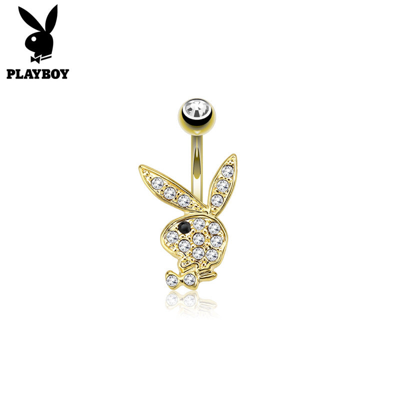 Clear Crystal Paved Playboy Bunny Belly Button Navel Ring - Gold-Belly Ring, Body Piercing Jewellery, Crystal-BJ0335-G-Glitters