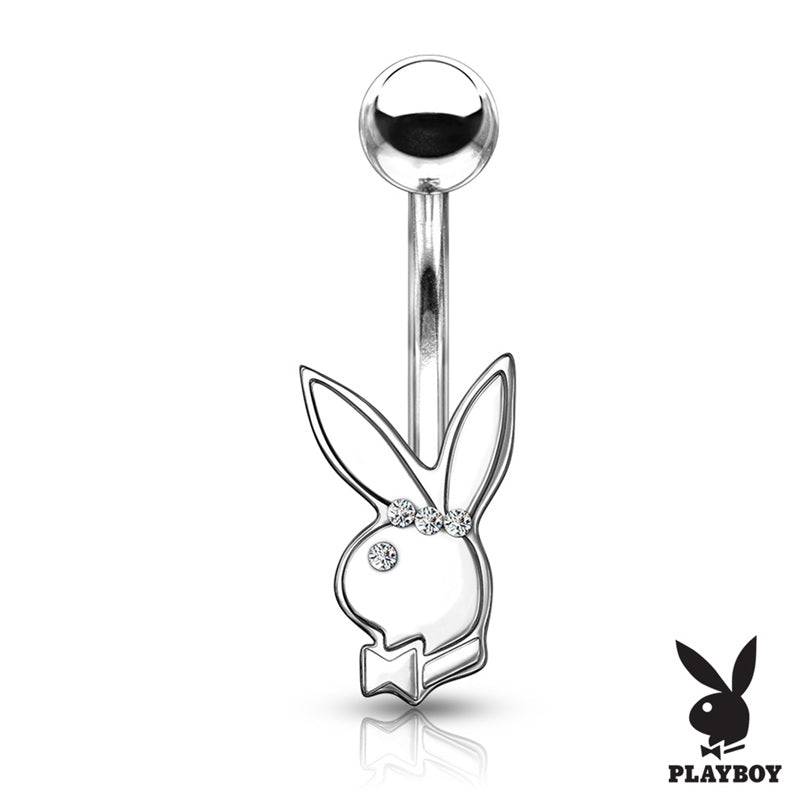 Playboy Bunny with Clear Gem Eye Belly Button Navel Ring - Silver-Belly Ring, Body Piercing Jewellery, Crystal-BJ0336-S-Glitters