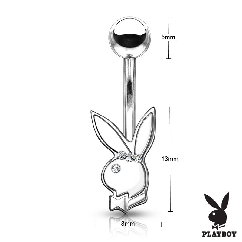 Playboy Bunny with Clear Gem Eye Belly Button Navel Ring - Silver-Belly Ring, Body Piercing Jewellery, Crystal-BJ0336-S_New-Glitters